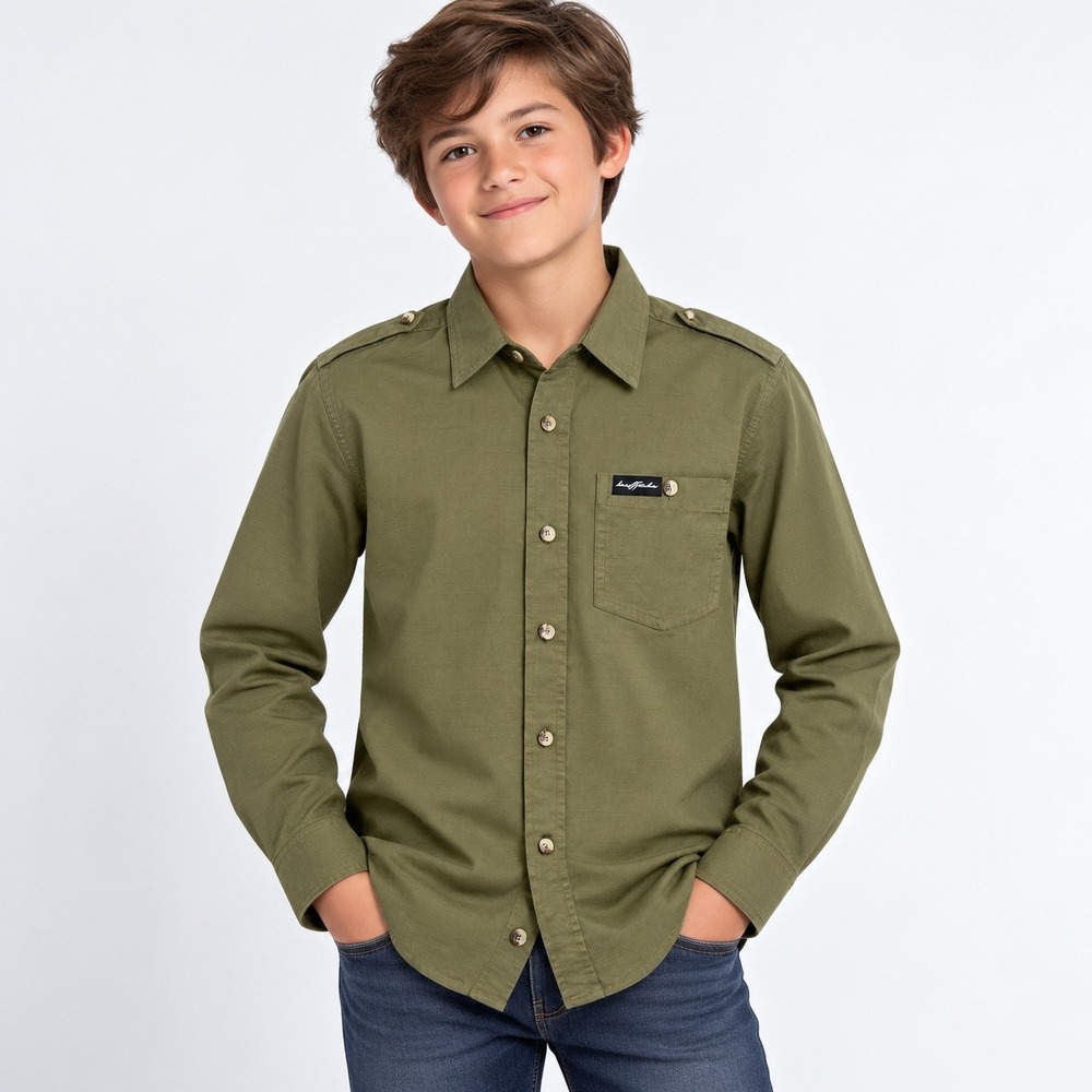 Buffalo David Bitton Button Down Shirt Boys L Olive Green Military Epaulettes